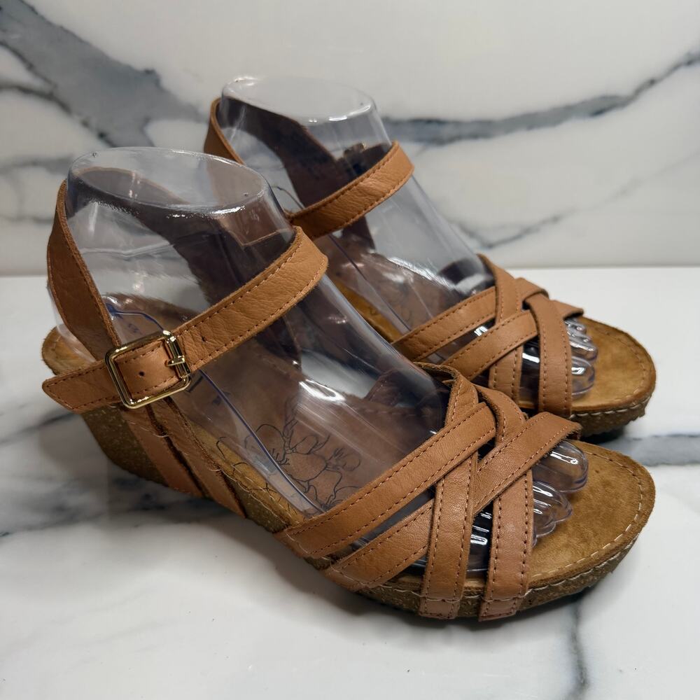Bjorndal Women's Tan Leather Cork Wedge Lily Sandals Sz 8 Boho Festival Comfort